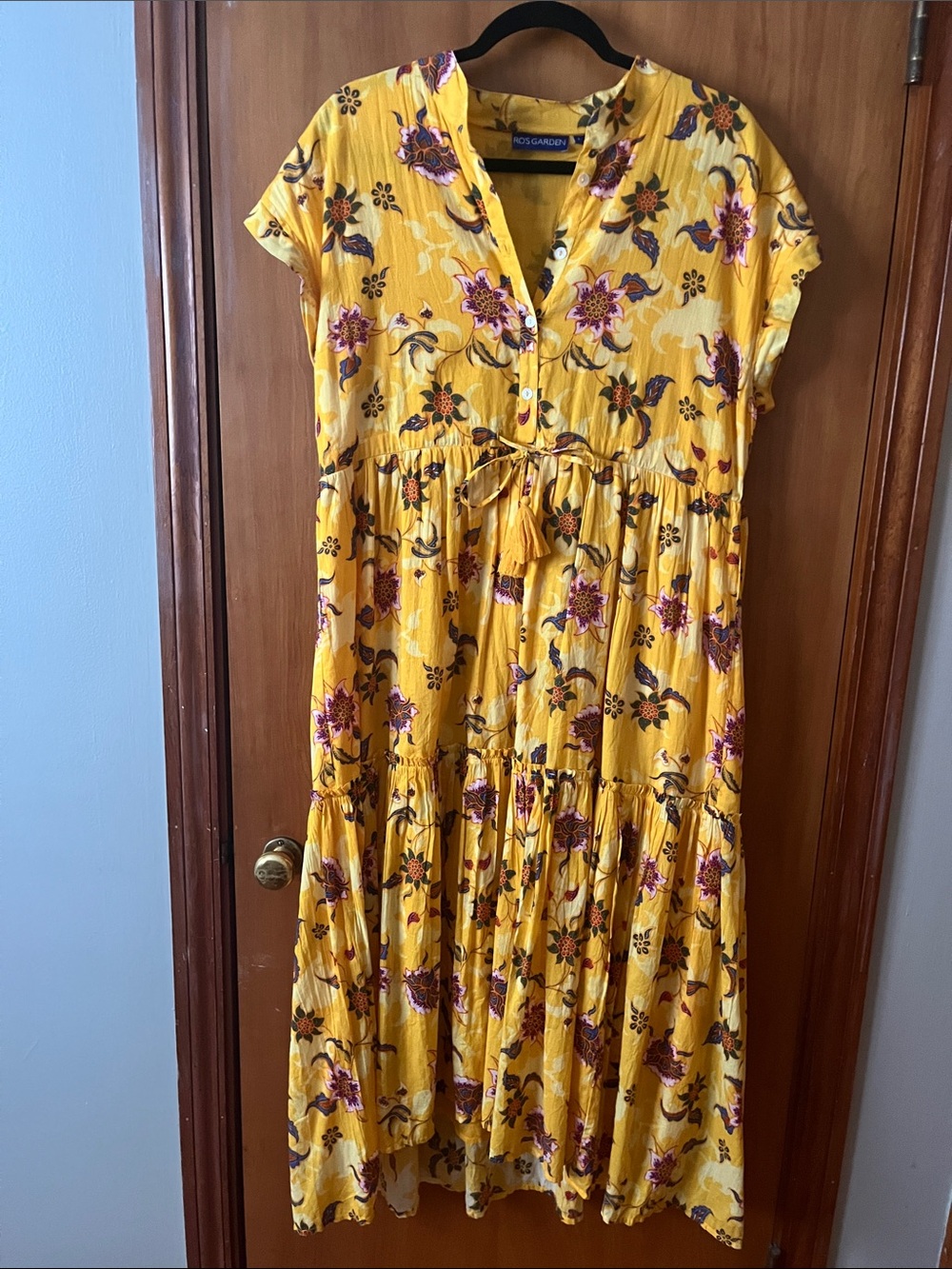 Ro’s Garden Anthropologie Yellow Floral Tiered Midi Dress